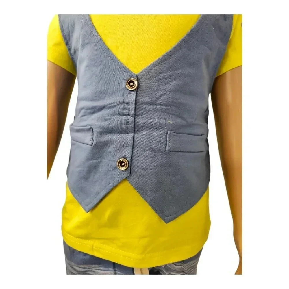 18-24M Baby Boys Blue, Yellow, Red BowTie Shorts and Tshirt Faux Suit 2pcs Set
